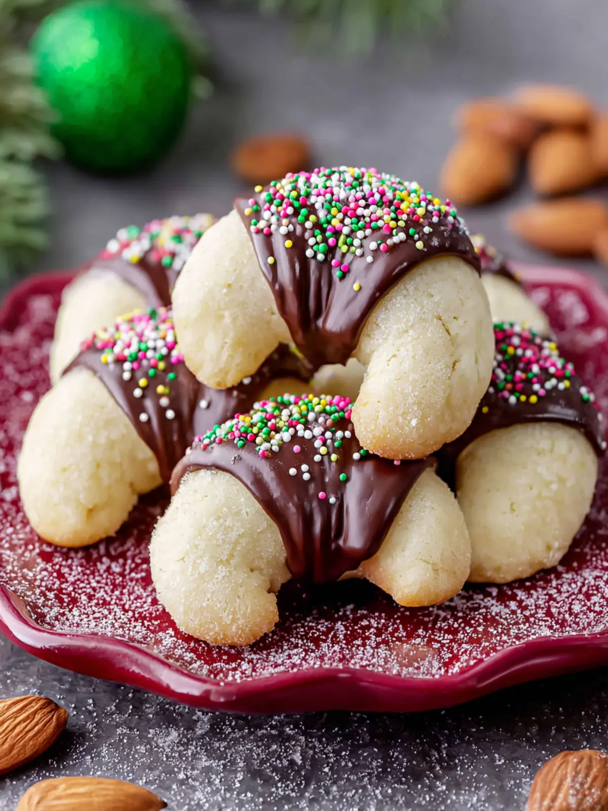 Gluten Free Almond Crescents Dipped in Chocolate First Image